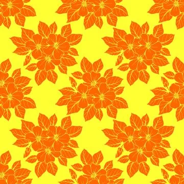 Seamless contour pattern of large orange flowers on a yellow background, te.. Stock Illustration