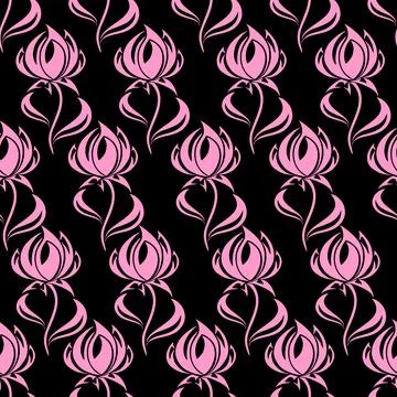 Seamless contour pattern of large pink flowers on a black background, textu.. Stock Illustration