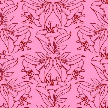 Seamless contour pattern of large red graphic flowers on a pink background Stock Illustration