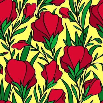 Seamless contour pattern of large red flowers on a yellow background, texture Stock Illustration