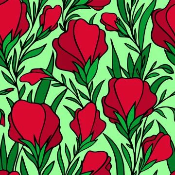 Seamless contour pattern of large red flowers on a green background, texture Illustrazione stock