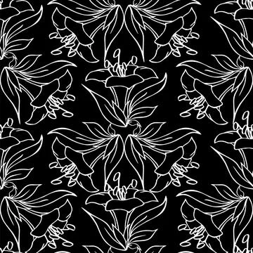 Seamless contour pattern of large white graphic flowers on a black background Stock-Illustration