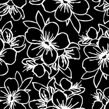Seamless contour pattern of large white graphic flowers on a black background Stock Illustration