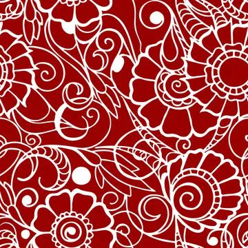 Seamless contour pattern of large white graphic flowers on a red background Stock-Illustration