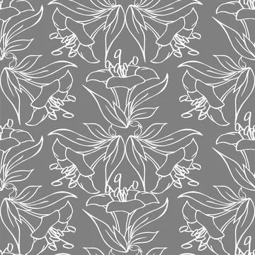 Seamless contour pattern of large white graphic flowers on a gray background Stock Illustration