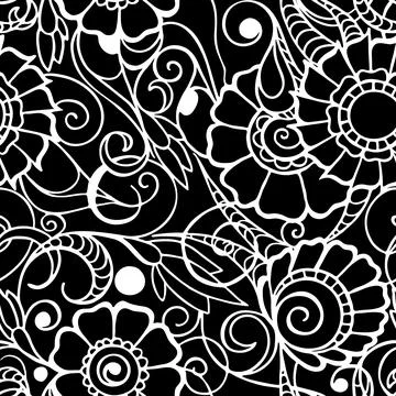 Seamless contour pattern of large white graphic flowers on a black background Stock Illustration