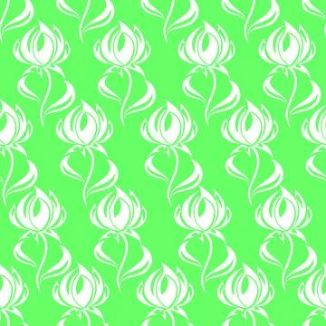 Seamless contour pattern of large white flowers on a green background, text.. Stock Illustration