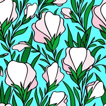 Seamless contour pattern of large white flowers on a blue background, texture Stock Illustration