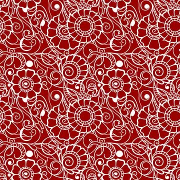 Seamless contour pattern of large white graphic flowers on a red background.. Illustrazione stock