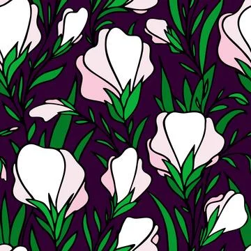 Seamless contour pattern of large white flowers on a purple background, textu Stock-Illustration