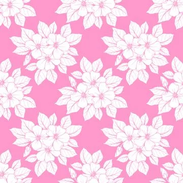 Seamless contour pattern of large white flowers on a pink background, textu.. Stock Illustration
