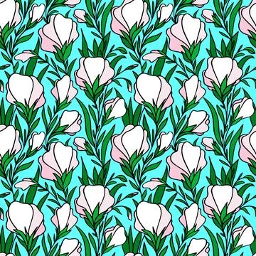 Seamless contour pattern of large white flowers on a blue background, texture Stock Illustration