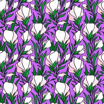 Seamless contour pattern of large white flowers on a purple background, textu Stock Illustration