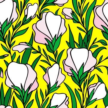 Seamless contour pattern of large white flowers on a yellow background, textu Illustrazione stock