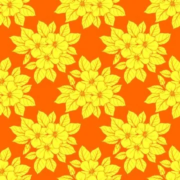 Seamless contour pattern of large yellow flowers on an orange background, t.. 스톡 일러스트
