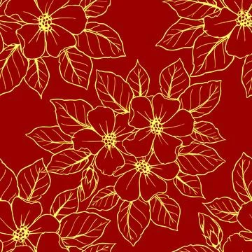 Seamless contour pattern of large yellow flowers on a red background, textu.. Stock Illustration