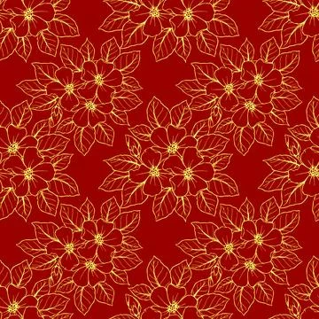 Seamless contour pattern of large yellow flowers on a red background, textu.. Illustrazione stock