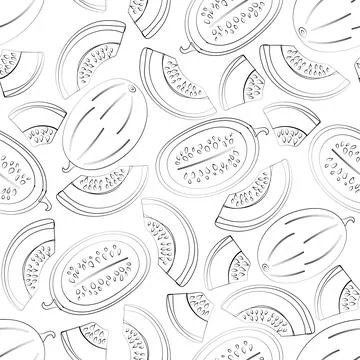 Seamless contour pattern of melon, melon halves and melon pieces on a white Stock Illustration