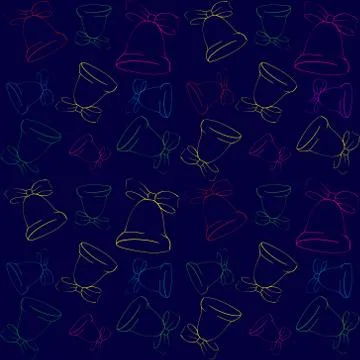 Seamless contour Pattern of multicolored Christmas bells on a blue background Stock Illustration
