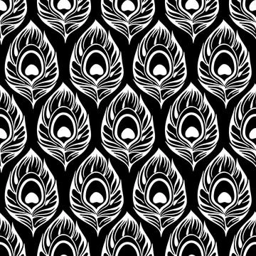 Seamless contour pattern of white peacock feathers on a black background Stock Illustration