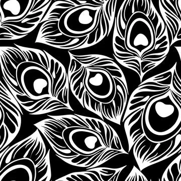 Seamless contour pattern of white peacock feathers on a black background Stock Illustration
