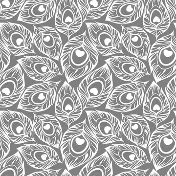 Seamless contour pattern of white peacock feathers on a gray background Stock Illustration