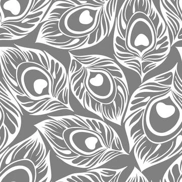Seamless contour pattern of white peacock feathers on a gray background, te.. Stock Illustration