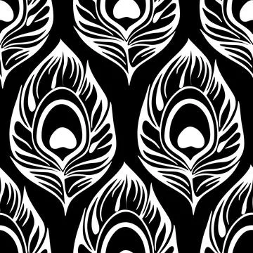 Seamless contour pattern of white peacock feathers on a black background, t.. Stock Illustration