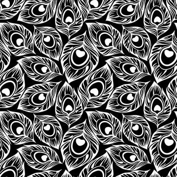 Seamless contour pattern of white peacock feathers on a black background, t.. Illustrazione stock