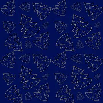 Seamless contour Pattern of a yellow Christmas tree on a blue background. Gift Stock Illustration
