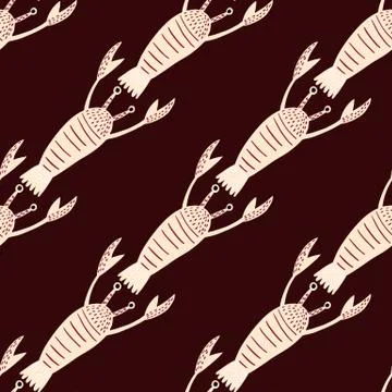 Seamless contrast pattern with light marine lobster ornament. Diagonal seafoo Illustrazione stock
