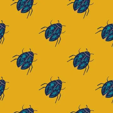 Seamless contrast pattern with navy blue bugs elements. Yellow background. Ex 스톡 일러스트
