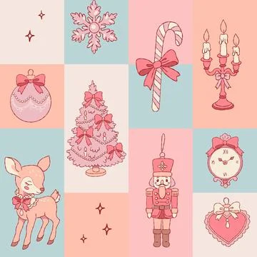 Seamless coquette Christmas pattern with cute holiday elements Illustrazione stock