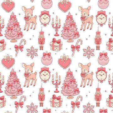Seamless coquette Christmas pattern with deer, gifts and ornaments Illustrazione stock