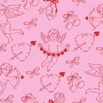 Seamless coquette pattern with hand-drawn hearts, Cupid, cherries, ribbons .. Stock Illustration