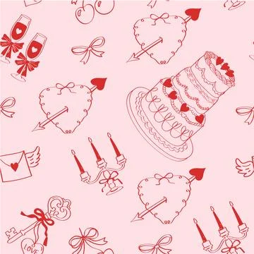 Seamless coquette pattern with hand-drawn hearts, cake, champagne glasses, .. Stock Illustration