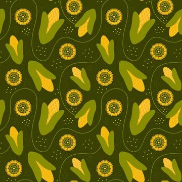 Seamless corn pattern on dark green background in cartoon style for textile p Stock Illustration