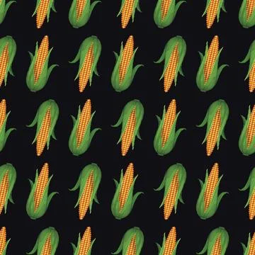 Seamless corn pattern in pixel art style on dark background, vector Stock Illustration