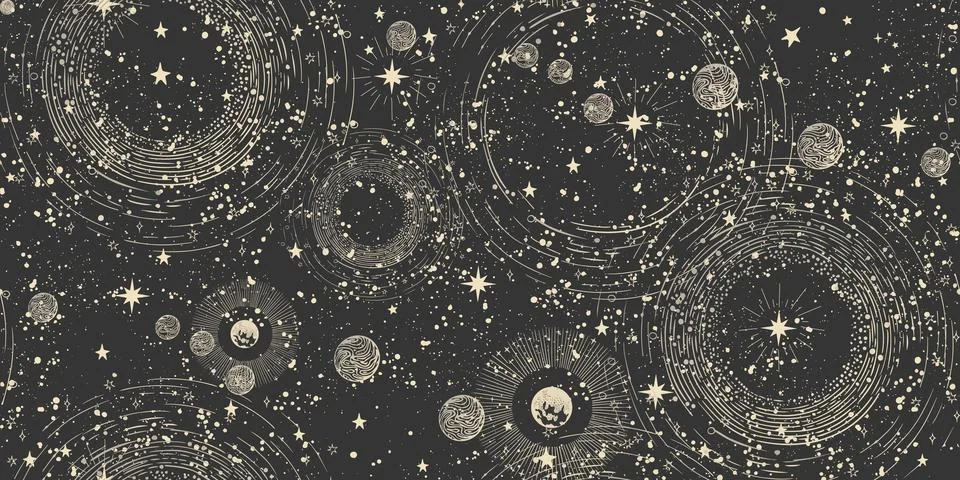 Seamless cosmic boho pattern with stars on black background for tarot, astrol Stock Illustration