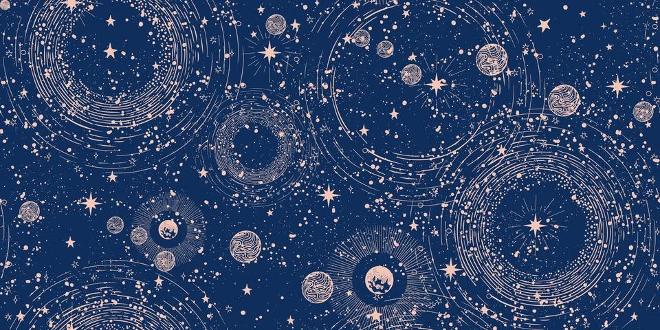 Seamless cosmic boho pattern with stars on blue background for tarot, astrolo Stock Illustration