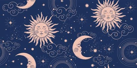 Seamless cosmic pattern with sun and crescent moon, vintage background for as Stock Illustration