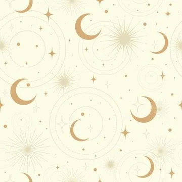 Seamless cosmic space pattern with sun, crescent and stars on a beige background Stock Illustration