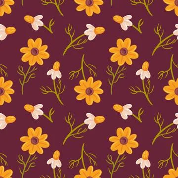 A seamless cottagecore pattern featuring delicate daisies and vibrant yellow Stock Illustration