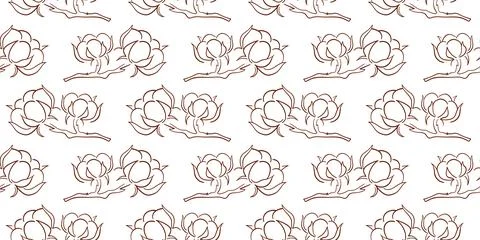 Seamless cotton plant pattern with botanical flowers on branch in line art style Stock Illustration