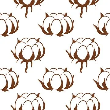 Seamless cotton plant pattern in simple brown line art style. Natural fiber Stock Illustration