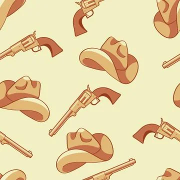Seamless cowboy pattern, cartoon style - hat and revolver Stock Illustration