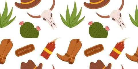 Seamless cowboy themed pattern, boots, hats, bull skulls, cacti, saloon sig.. Stock Illustration