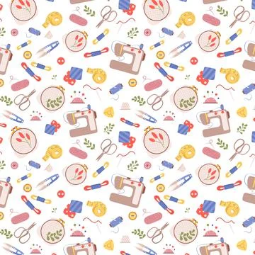 Seamless craft pattern with sewing, embroidery and knitting tools Stock Illustration