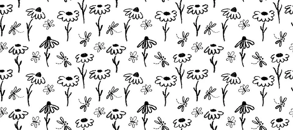 Seamless crayon pastel chamomile pattern featuring butterflies and dragonflies Stock Illustration