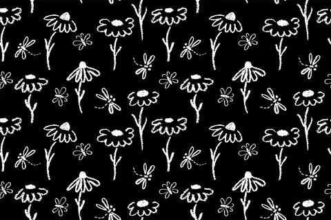 Seamless crayon pastel chamomile pattern featuring butterflies and dragonflies Illustrazione stock